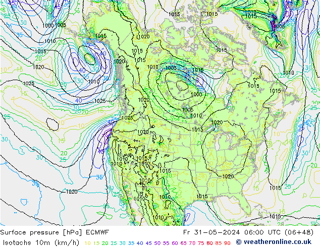 Isotachs (kph) ECMWF  31.05.2024 06 UTC