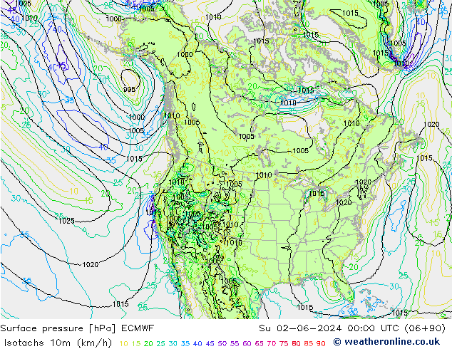 Isotachs (kph) ECMWF  02.06.2024 00 UTC