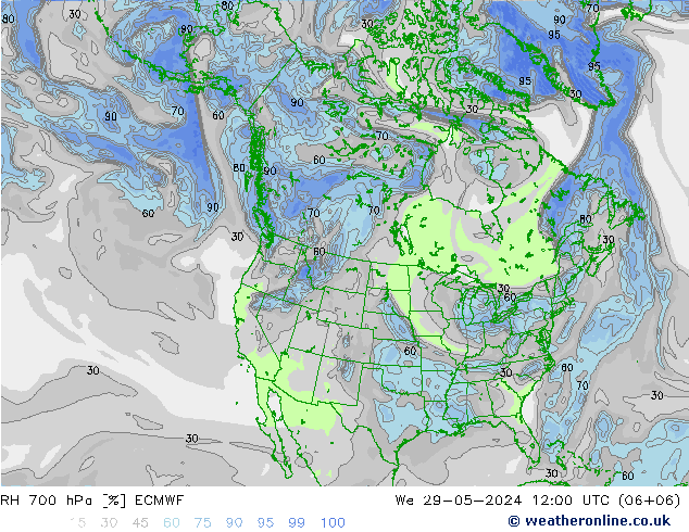 Humedad rel. 700hPa ECMWF mié 29.05.2024 12 UTC