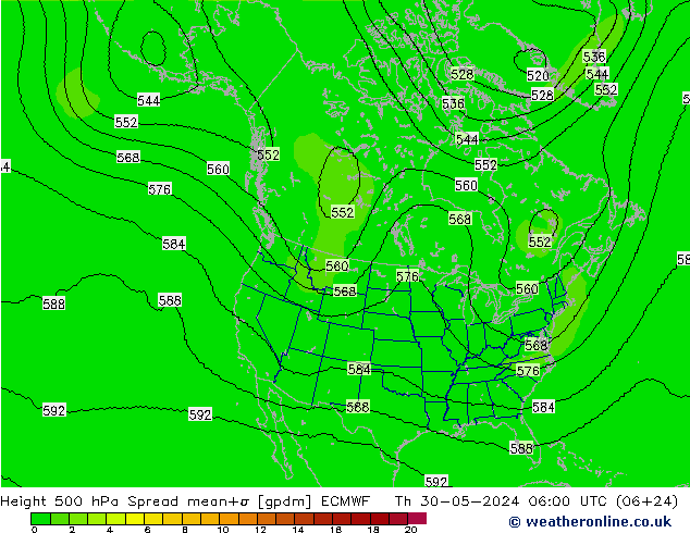 Hoogte 500 hPa Spread ECMWF do 30.05.2024 06 UTC