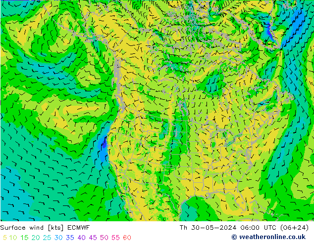 Surface wind ECMWF Čt 30.05.2024 06 UTC