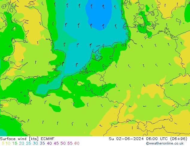 Surface wind ECMWF Su 02.06.2024 06 UTC