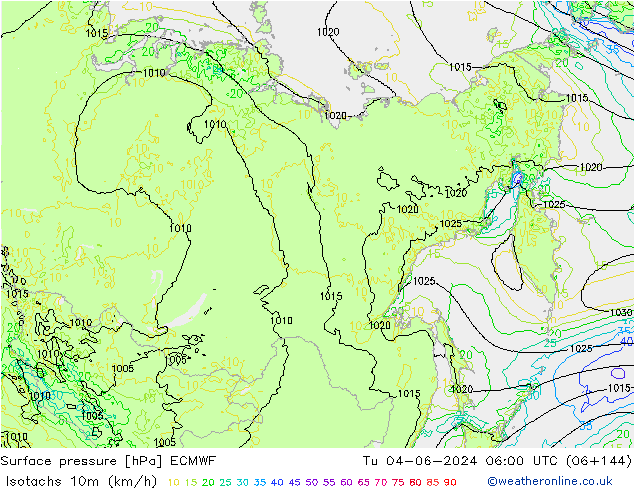 Isotachs (kph) ECMWF  04.06.2024 06 UTC