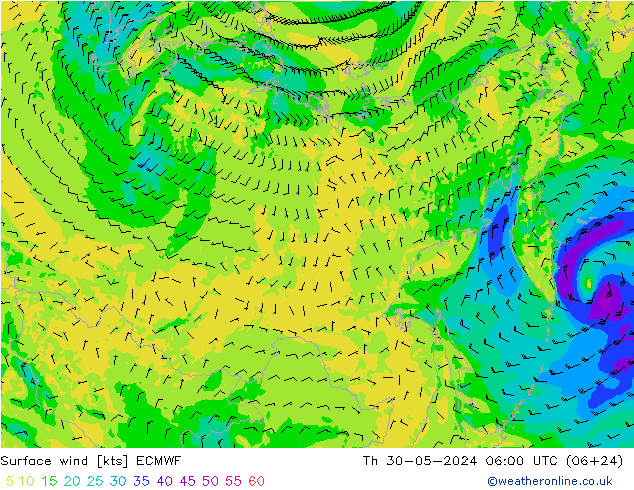 Wind 10 m ECMWF do 30.05.2024 06 UTC