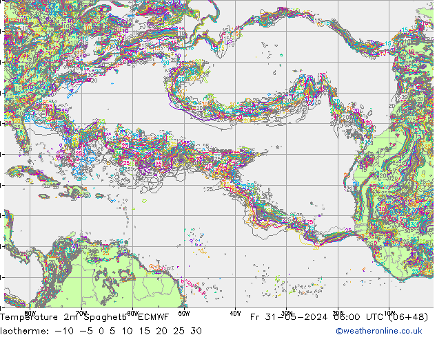 Temperatura 2m Spaghetti ECMWF ven 31.05.2024 06 UTC