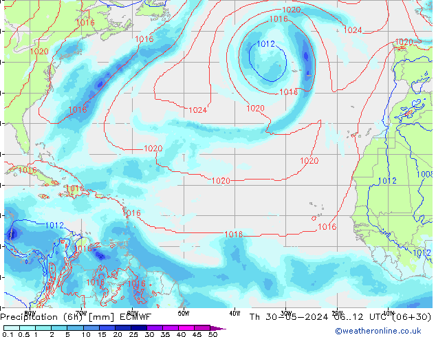 Totale neerslag (6h) ECMWF do 30.05.2024 12 UTC