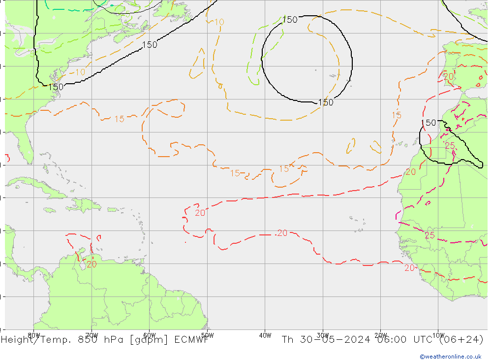 Height/Temp. 850 hPa ECMWF Qui 30.05.2024 06 UTC