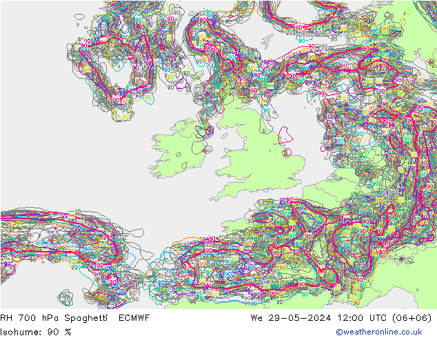 RH 700 hPa Spaghetti ECMWF We 29.05.2024 12 UTC