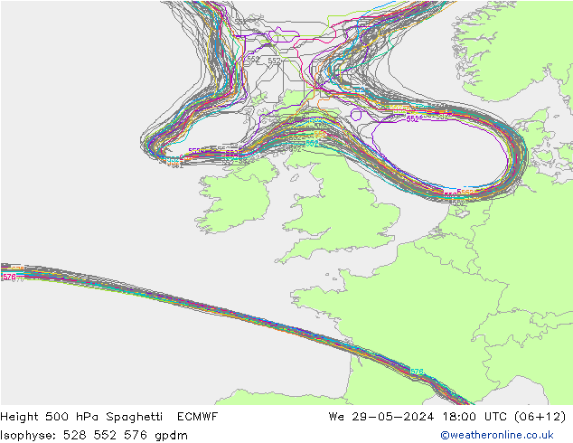 Hoogte 500 hPa Spaghetti ECMWF wo 29.05.2024 18 UTC