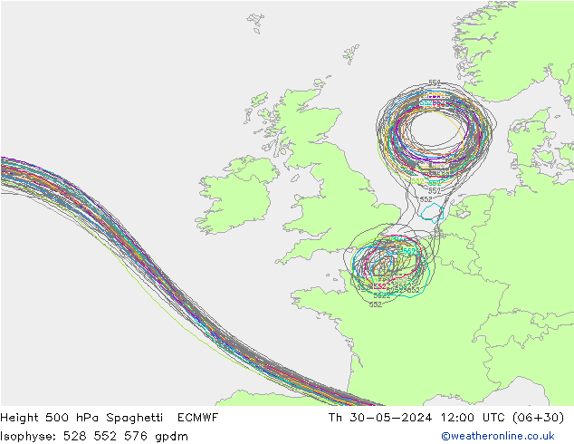 Height 500 гПа Spaghetti ECMWF чт 30.05.2024 12 UTC