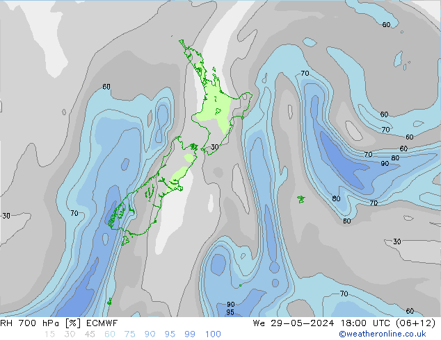 Humidité rel. 700 hPa ECMWF mer 29.05.2024 18 UTC