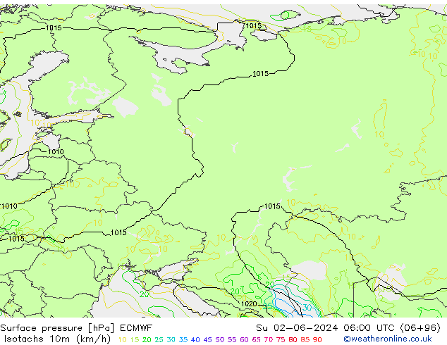 Isotachen (km/h) ECMWF So 02.06.2024 06 UTC