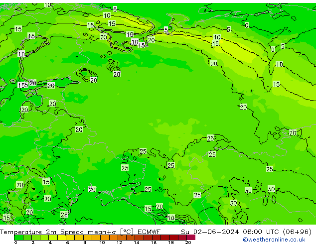 Temperaturkarte Spread ECMWF So 02.06.2024 06 UTC