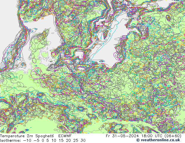 Temperatura 2m Spaghetti ECMWF vie 31.05.2024 18 UTC