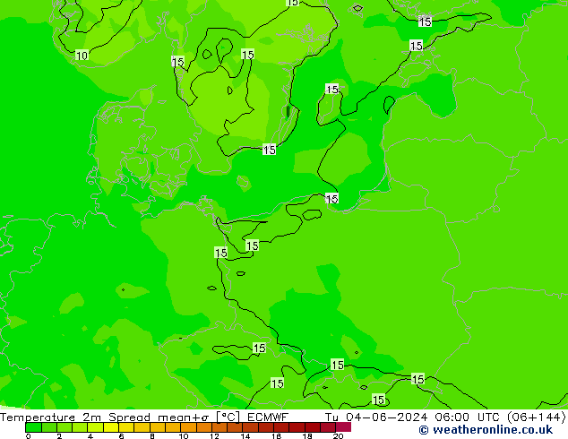 Temperature 2m Spread ECMWF Tu 04.06.2024 06 UTC