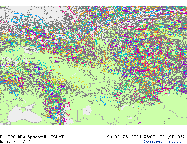 RH 700 hPa Spaghetti ECMWF  02.06.2024 06 UTC