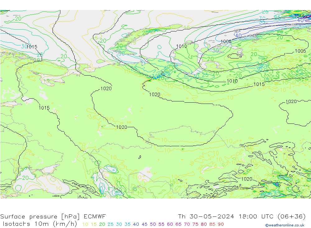 Isotachen (km/h) ECMWF do 30.05.2024 18 UTC