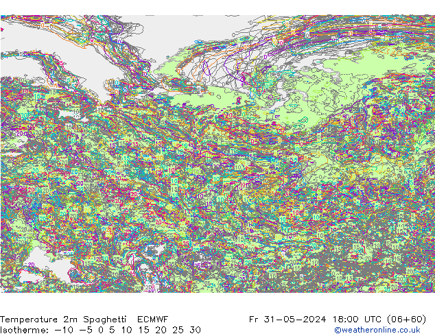 Temperature 2m Spaghetti ECMWF Fr 31.05.2024 18 UTC