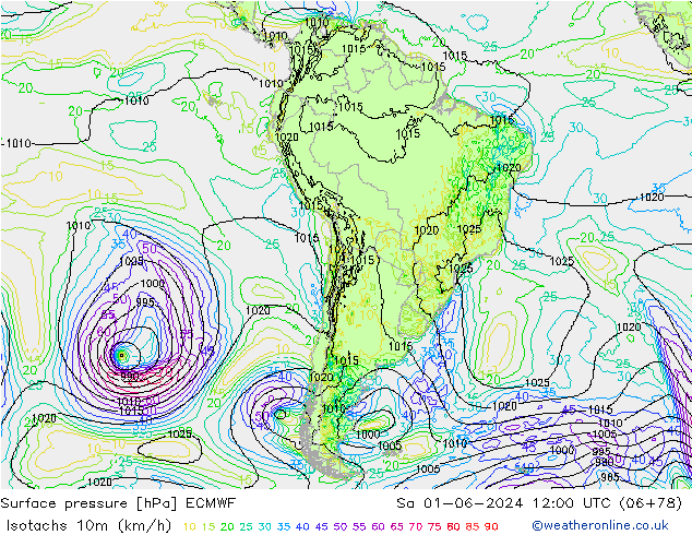 Izotacha (km/godz) ECMWF so. 01.06.2024 12 UTC