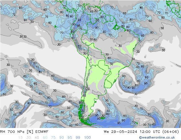 RH 700 hPa ECMWF Qua 29.05.2024 12 UTC