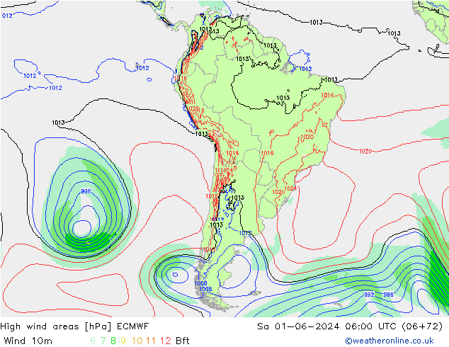 High wind areas ECMWF sáb 01.06.2024 06 UTC