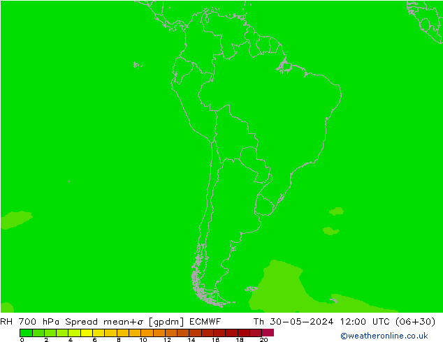 RH 700 hPa Spread ECMWF Qui 30.05.2024 12 UTC