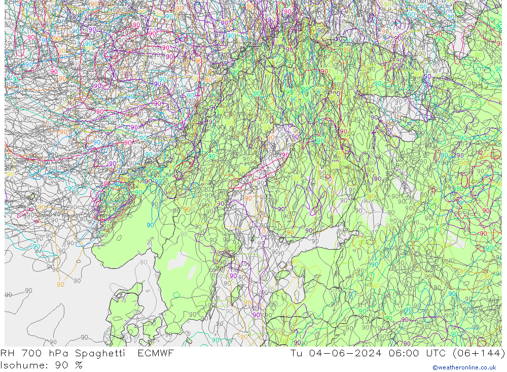 RH 700 hPa Spaghetti ECMWF Tu 04.06.2024 06 UTC