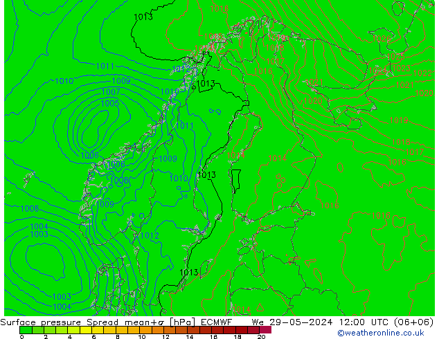 Surface pressure Spread ECMWF We 29.05.2024 12 UTC