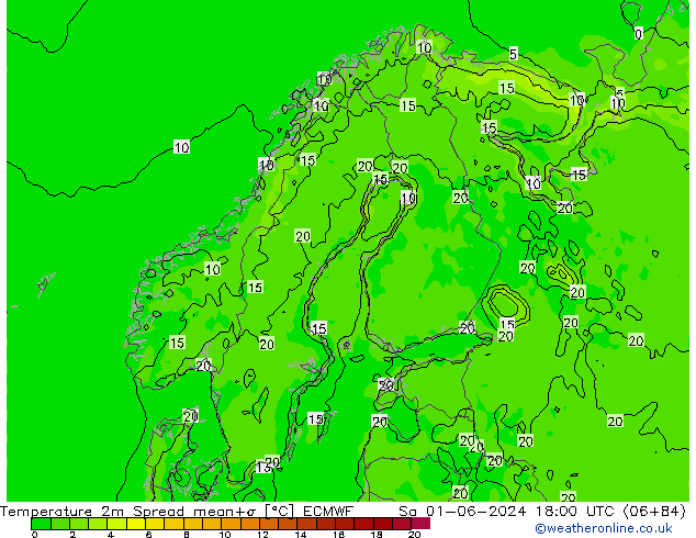 mapa temperatury 2m Spread ECMWF so. 01.06.2024 18 UTC