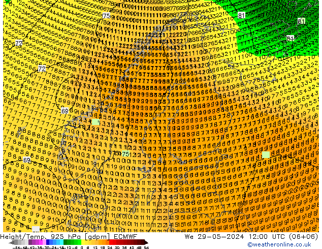 Hoogte/Temp. 925 hPa ECMWF wo 29.05.2024 12 UTC