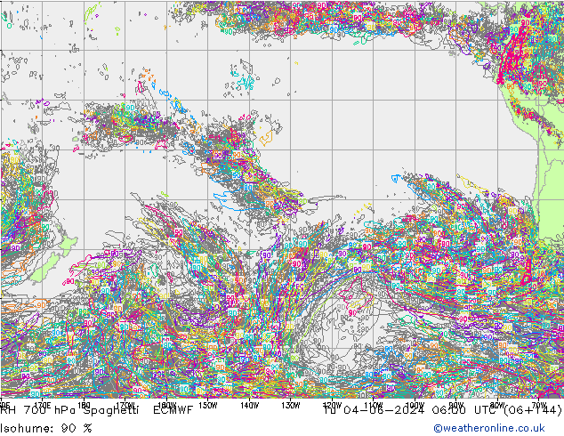 RH 700 hPa Spaghetti ECMWF  04.06.2024 06 UTC