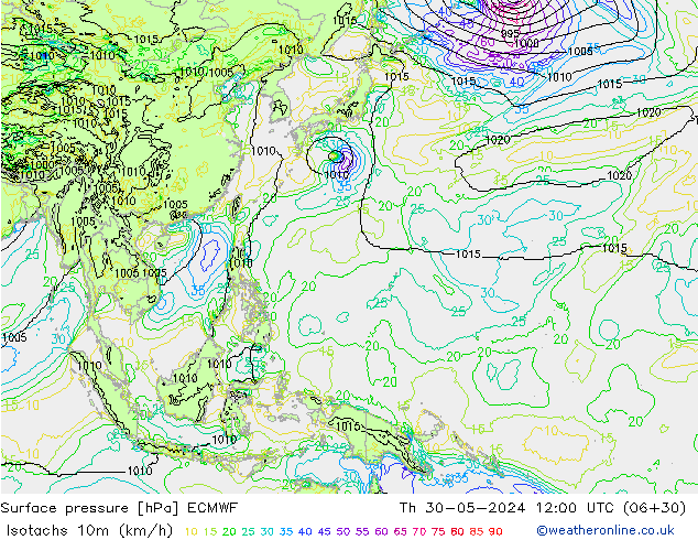 Izotacha (km/godz) ECMWF czw. 30.05.2024 12 UTC