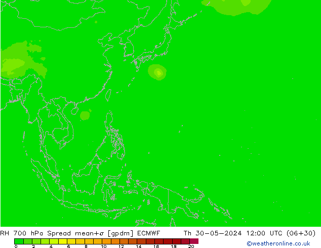 RH 700 hPa Spread ECMWF czw. 30.05.2024 12 UTC