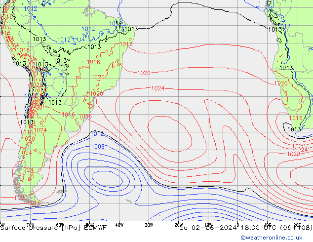 Atmosférický tlak ECMWF Ne 02.06.2024 18 UTC