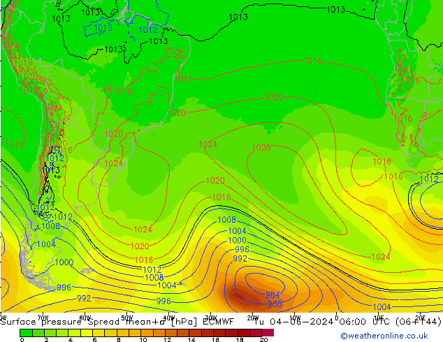 Surface pressure Spread ECMWF Tu 04.06.2024 06 UTC