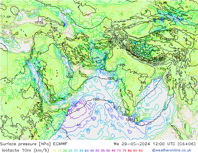 Isotachs (kph) ECMWF Qua 29.05.2024 12 UTC