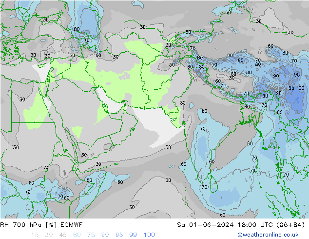 RH 700 hPa ECMWF 星期六 01.06.2024 18 UTC