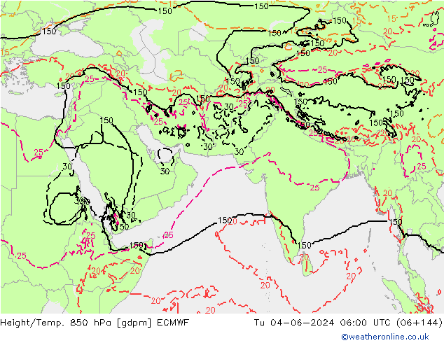 Hoogte/Temp. 850 hPa ECMWF di 04.06.2024 06 UTC