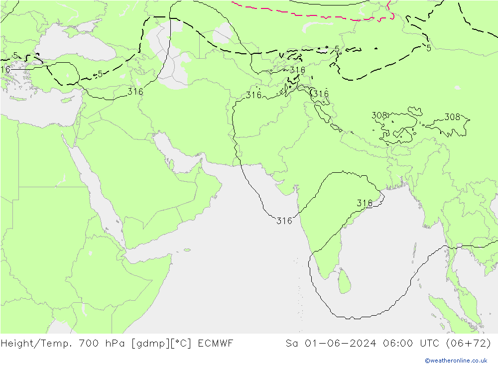 Géop./Temp. 700 hPa ECMWF sam 01.06.2024 06 UTC