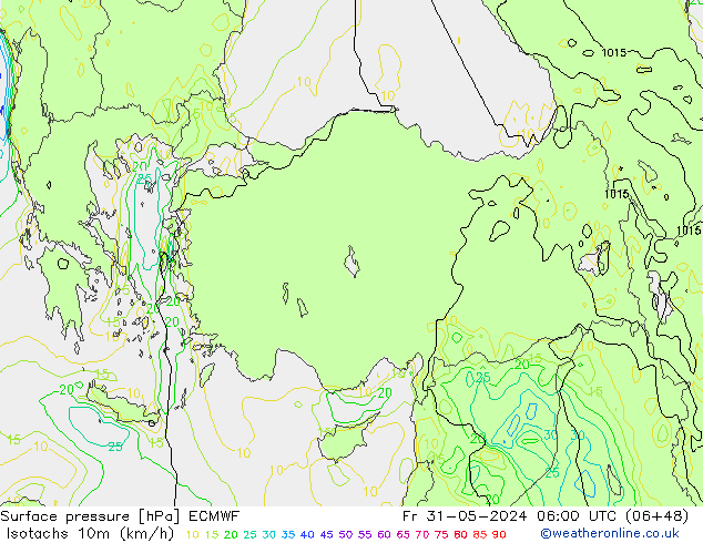 Izotacha (km/godz) ECMWF pt. 31.05.2024 06 UTC