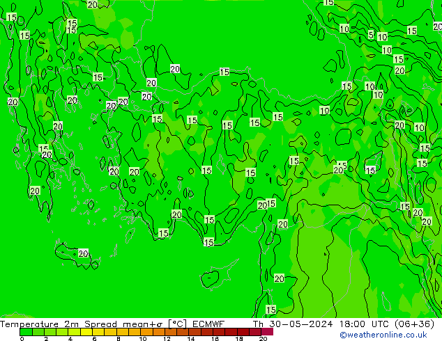 Temperature 2m Spread ECMWF Th 30.05.2024 18 UTC