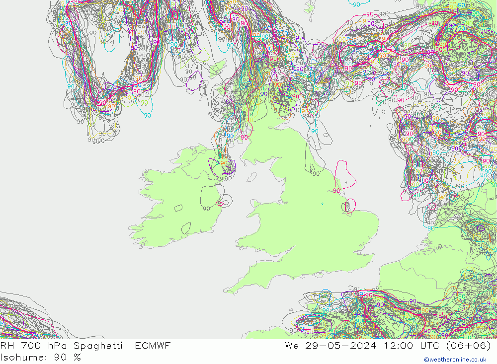 RH 700 hPa Spaghetti ECMWF  29.05.2024 12 UTC