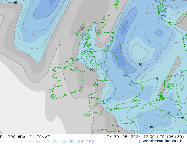 RH 700 hPa ECMWF Čt 30.05.2024 12 UTC