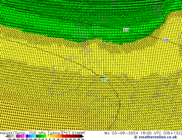 Height/Temp. 700 hPa ECMWF Mo 03.06.2024 18 UTC