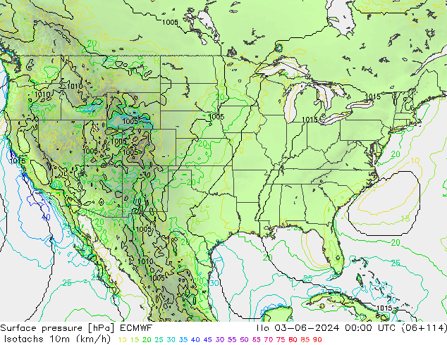 Izotacha (km/godz) ECMWF pon. 03.06.2024 00 UTC