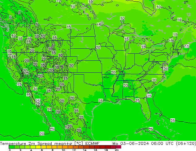 Temperature 2m Spread ECMWF Po 03.06.2024 06 UTC