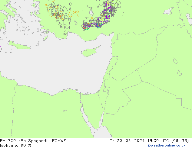 RH 700 hPa Spaghetti ECMWF Čt 30.05.2024 18 UTC