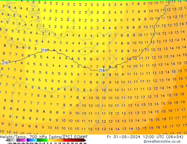 Height/Temp. 700 hPa ECMWF Fr 31.05.2024 12 UTC