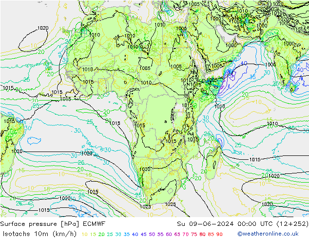 Isotachs (kph) ECMWF dim 09.06.2024 00 UTC