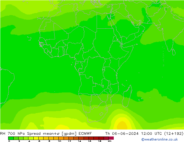 RH 700 hPa Spread ECMWF Qui 06.06.2024 12 UTC